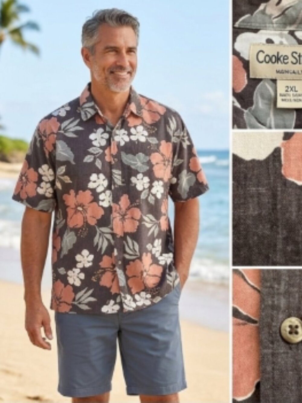 Cooke Street Men's 2XL Hawaiian Shirt Charcoal Pink Hibiscus 100% Cotton EUC